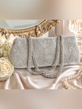 Vintage La Regale Silver Hand Beaded Evening Bag Art Deco Bridal Glam Purse